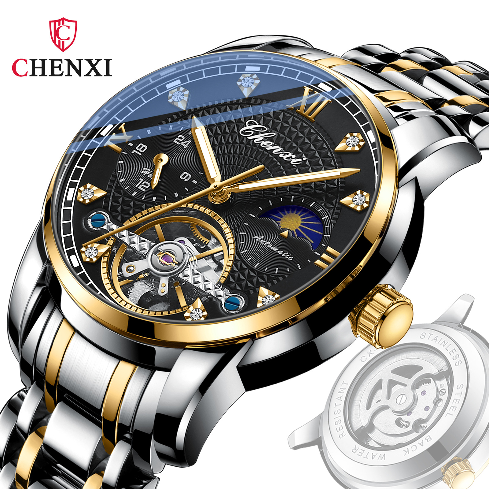 Chenxi Men's Skeleton Mechanical Watch Starry Flywheel Waterproof Luminous Automatic Mechanical Watch Men's Large Dial