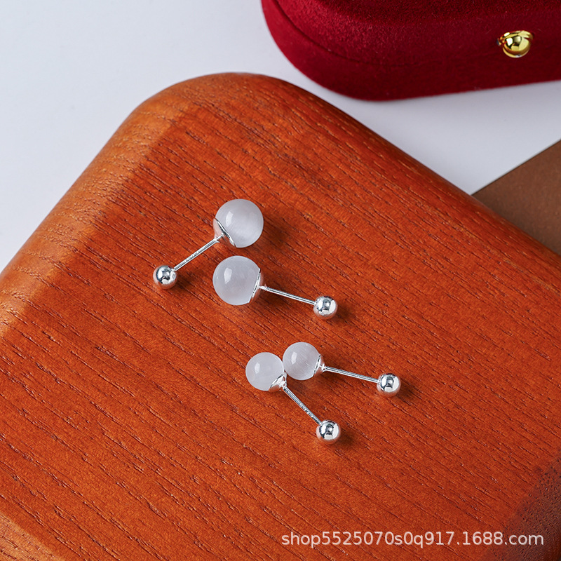 Cat's Eye Stone Silver Needle Ear Holes Ear Studs Women's Spiral Design Exquisite and Compact Earrings Korean Style Simple Style Fashion Earrings
