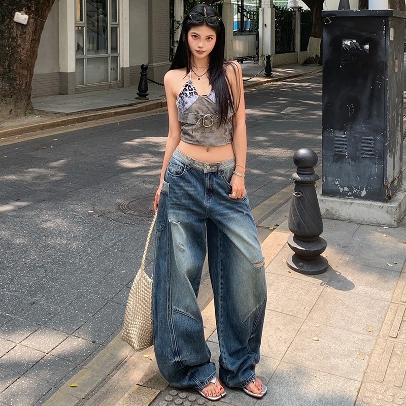 2026 Spring/Summer New Hot Girl Style Women's Wide-Leg Pants, Cargo Pants, Curved-Leg Jeans, Low-Waist Slimming Ripped Pants