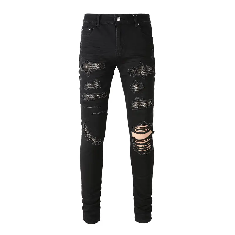 European and American fashion High Street New retro knife cut big damage high-end diamond patch slim fit skinny men's jeans