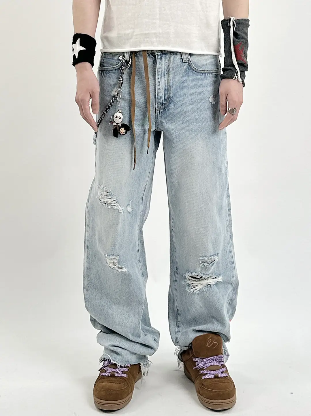 Deeds Erl Style Light Blue Wash Denim Erl Style Easiest for match Holes Loose pants Non-501 Trend