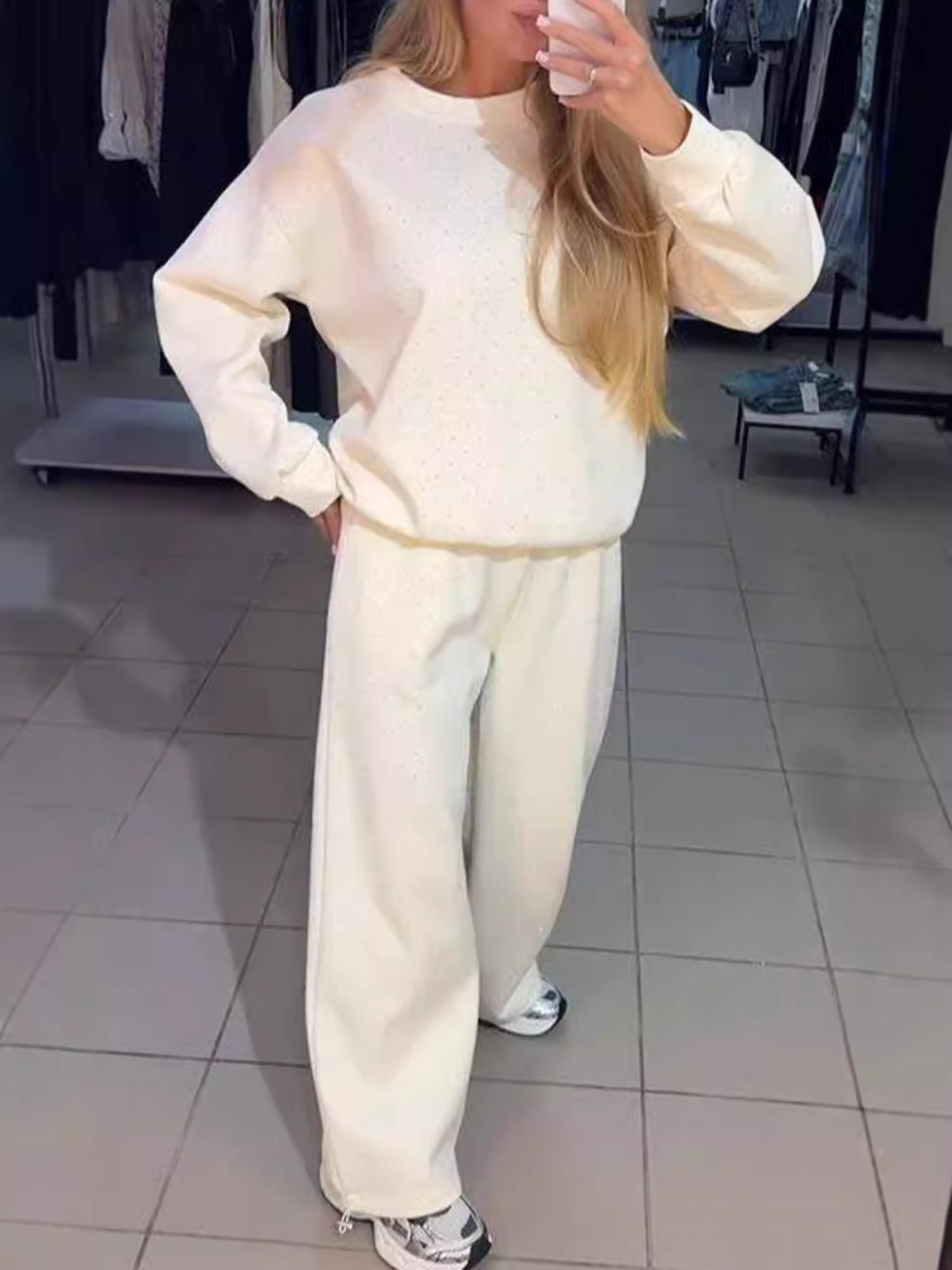 2024 European and American Cross-Border Autumn and Winter Popular Women's Casual Round Neck Long-Sleeved Full-Body Hot Diamond Drawstring Leg Binding Suit