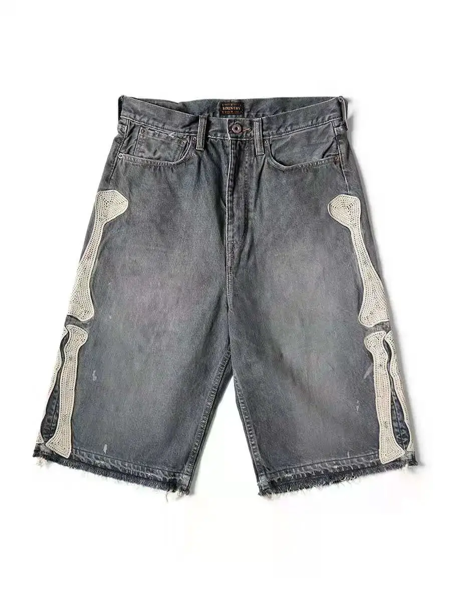 In-Stock Non-Kapital Hirata Kazuhiro Loose Casual Embroidered Distressed Washed Denim Shorts