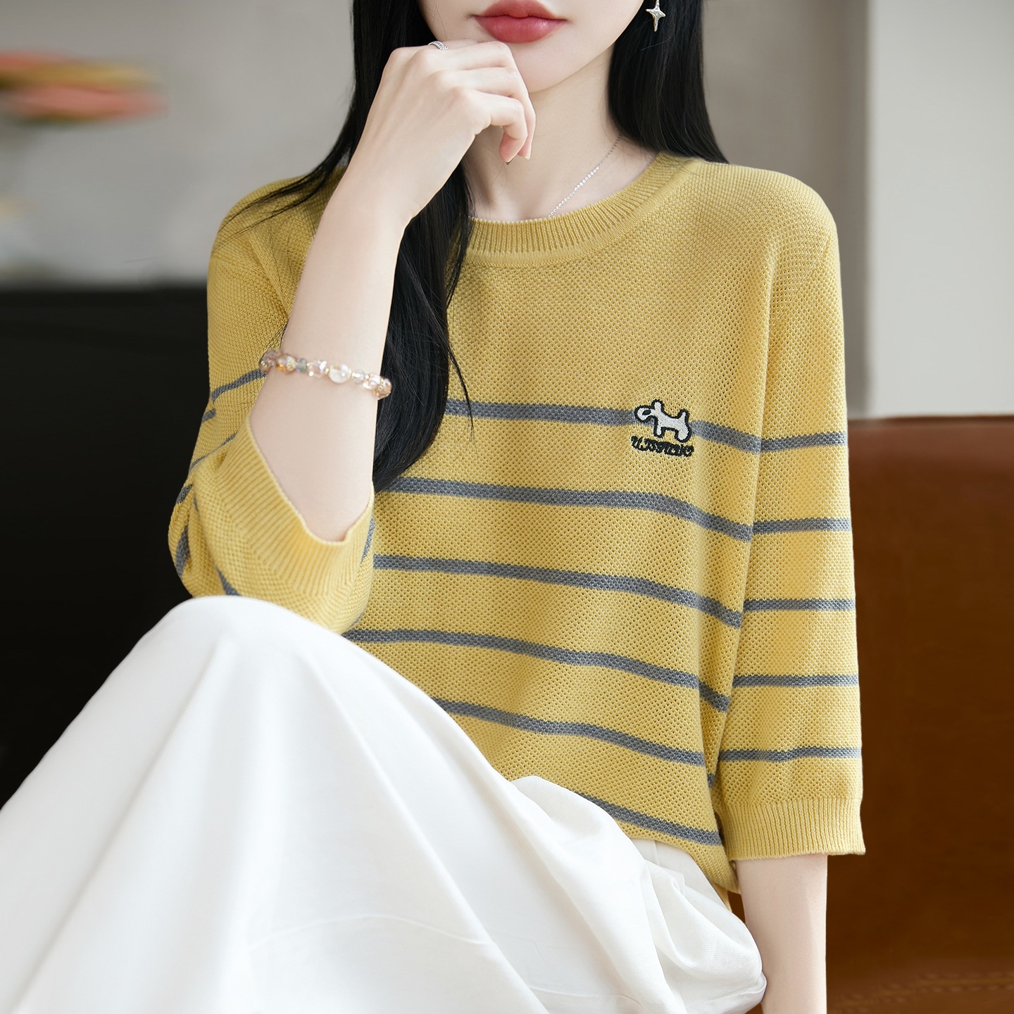 2026 New Striped Embroidered Knitted Short-Sleeved T-Shirt for Women Summer Thin Ice Silk Knitted Shirt Plus Size Women's Top