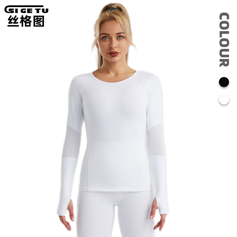 Silk Grid Long-Sleeve Fitness Top for Women, Spring and Autumn Mesh Patchwork Sports Shirt with Finger Holes, Naked-Feel Sweat-Inducing Yoga Wear