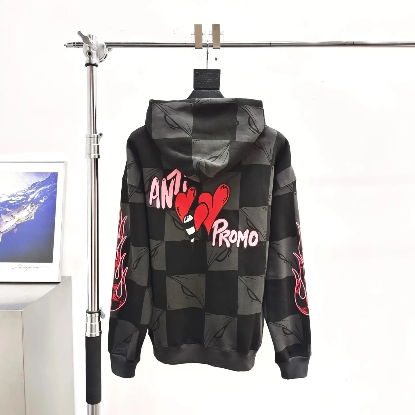 Matty Boy Anti Promo Hoodie火焰爱心黑灰格子帽衫卫衣
