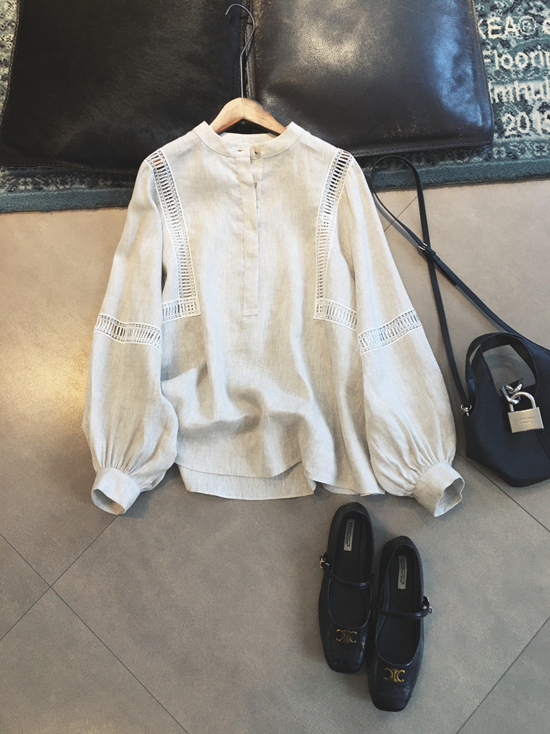 Clothes record French rain and dew linen coarse linen primary color yarn stand collar hollow side shirt S32269 a generation of hair