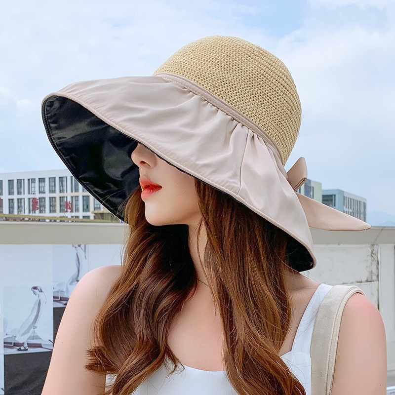 Big Brim Sunscreen Hat Sunshade Hat Women's Summer Vinyl Fisherman Hat Hollow Straw Hat Casual Folding Sun Beach Hat