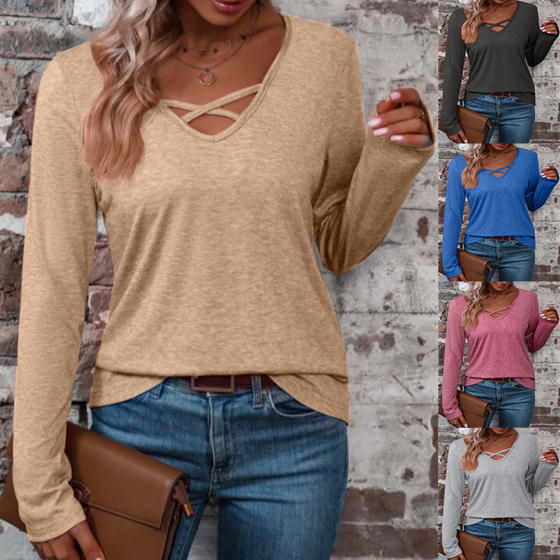 European and American Cross-Border 2025 Autumn and Winter Amazon Temu New V Neck Cross Long-Sleeved Cotton Pure Color Casual Simple Women