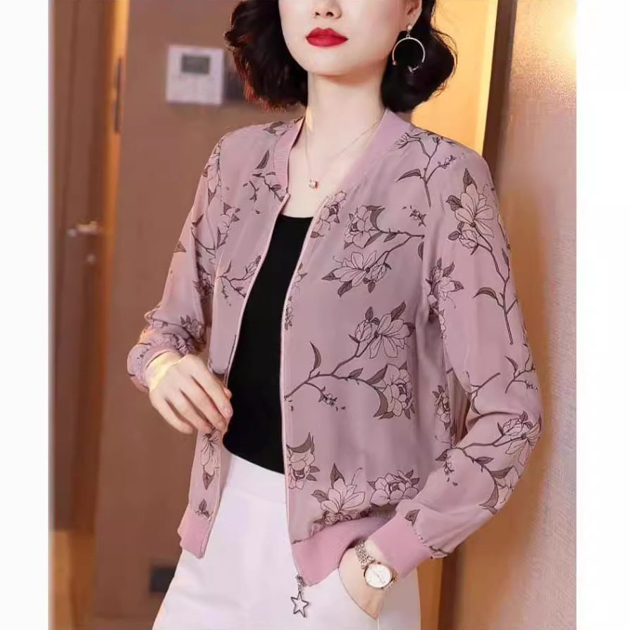 Baseball uniform western style coat for women spring/autumn 2024 Summer loose plus size cardigan versatile short chiffon sun protection clothing for women