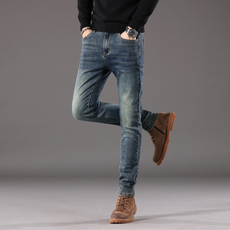 Men's Trendy Retro Slim-Fit Jeans, Autumn and Winter New Straight-Leg Fleece-Lined Pants, Stretchy Skinny Pants for Men, Spring and Autumn Wholesale