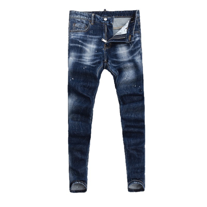 European and American Street Fashion Retro Jeans for Men, Distressed Dark Blue Washed and Faded, Cross-Border Trendy Brand Slim Fit Skinny Jeans for Men
