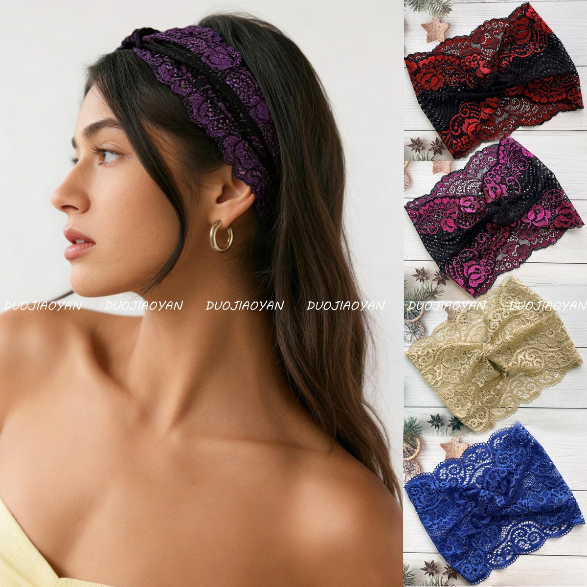 Spring and Summer Retro Wide-Brimmed Cross-Cutout Lace Headband for Women, High-End and Elegant Ladies' Headscarf, Hair Accessory for Beach Photos