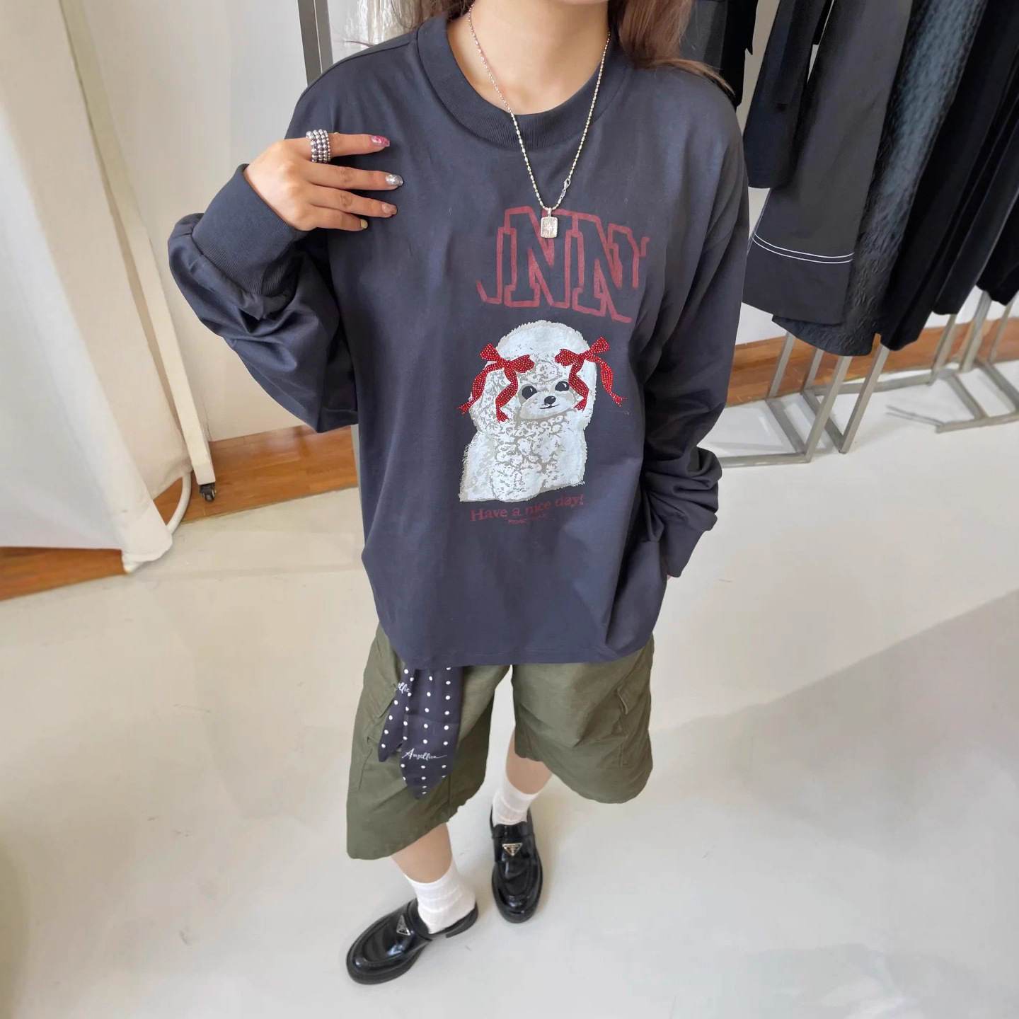 26 Early Spring New Style Letter Poodle Print Embossed Round Neck Loose Navy Blue Pure Cotton Long Sleeve T-Shirt Base Shirt