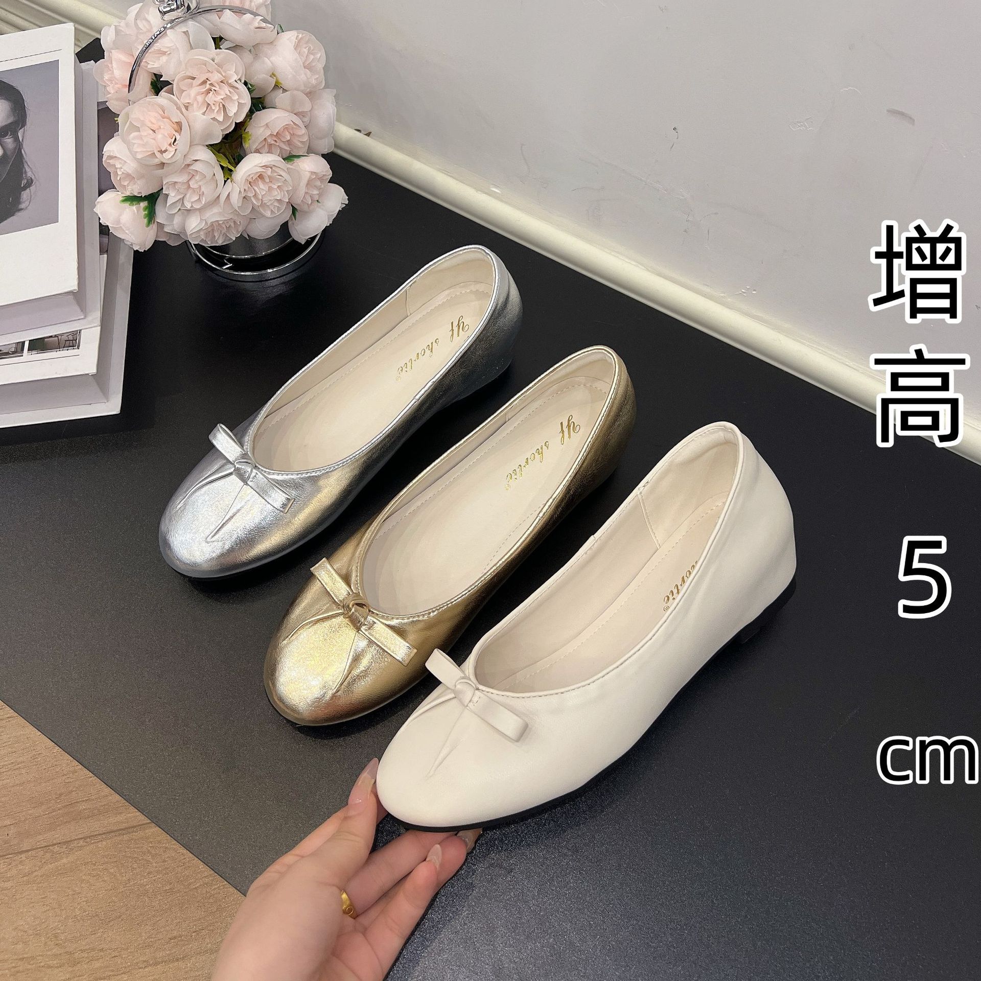 Increase Height by 5cm, Fairy Style Bow Round Toe Soft-Soled Ballet Shoes for Women to Wear Outside in Summer with Skirts and Non-Tiring Shoes