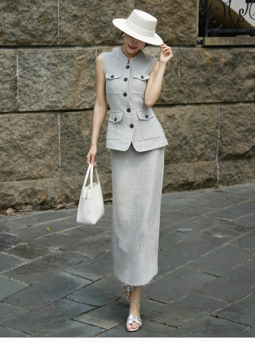 2026 New Linen Suit for Women, Sleeveless Vest and Half Skirt Two-Piece Set, Old Money Style, Elegant Long Skirt for Work, Stylish and Graceful