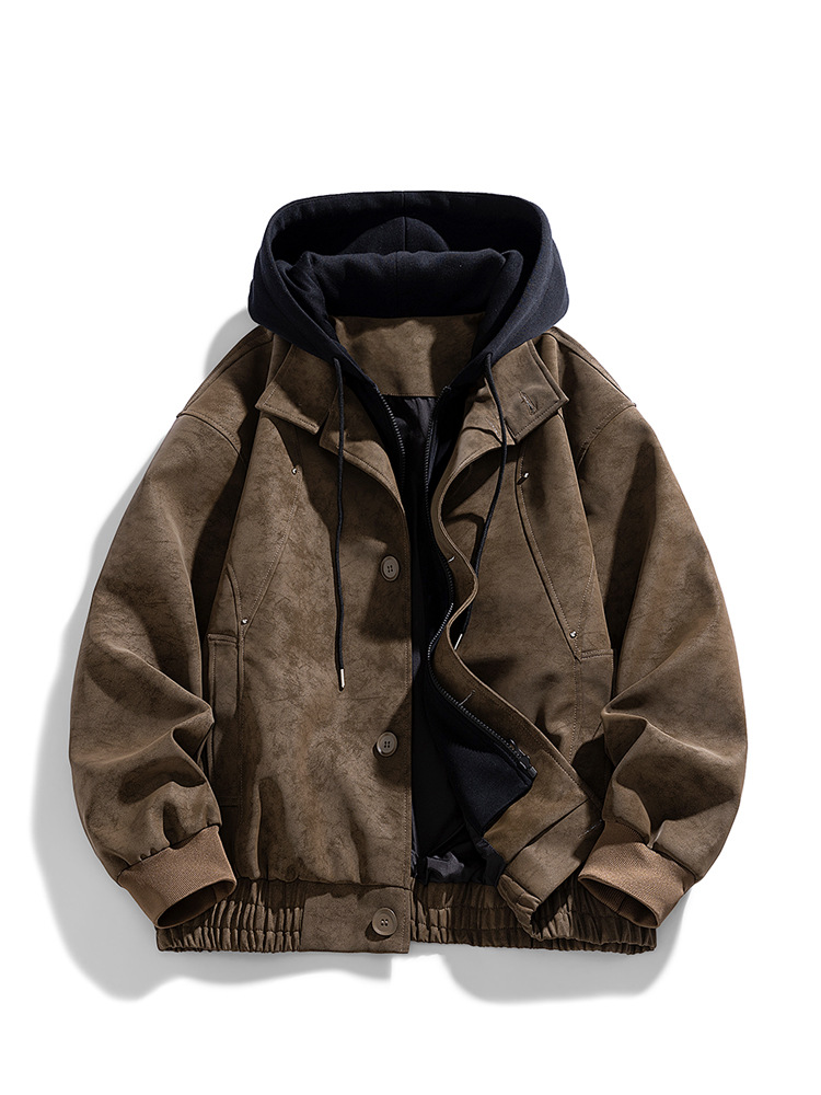 2026 Pu Leather Faux Two-Piece Jacket for Men, Loose Fit, Couple Style, American Style, Spring and Autumn, Hooded Baseball Jacket, Workwear