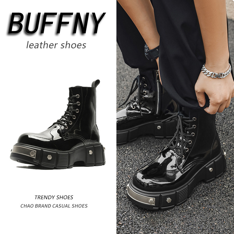 Niche English Style Chelsea Martin Boots Men's Paris Heigh-up Motorcar Boots European Station Patent Leather Derby Boots