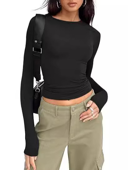 Cross-border European and American Base Shirt Women's Short-sleeved Slim-fit Long-sleeved Basic Round Neck Top Slim-fit Milk Silk Women's Clothing