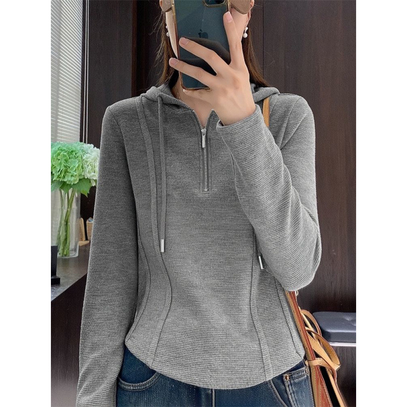 Zipper Hooded Grey Sweater Women's Spring and Autumn 2024 New Fashion Slim-fit Cardigan Jacket Short Inner Top
