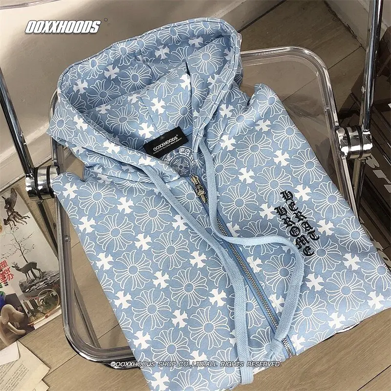 Full-Body Printed Cross Sweatshirt, Pink and Blue Printed Sleeves, Personalized Street Style, European and American Style, Thin Terry Fabric, Unisex Jacket