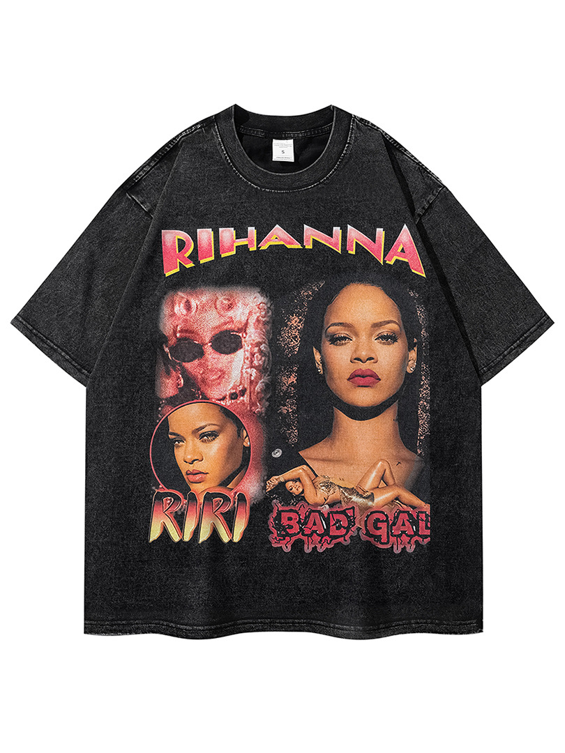 European and American Hip-Hop Rap Rihann Printed Short-Sleeved Rihanna Heavy Washed T-Shirt Loose Men's and Women's Cotton Cross-Border