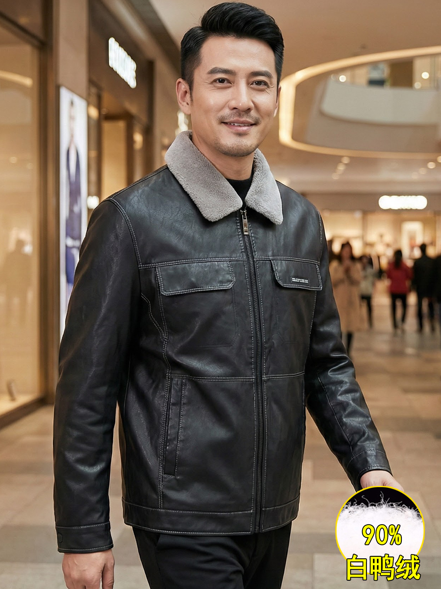 Men's down Leather Jacket for Winter, Windproof and Warm, with Detachable Fur Collar, 90% White Duck Down, for Young and Middle-Aged Men, Leather Jacket Yr001