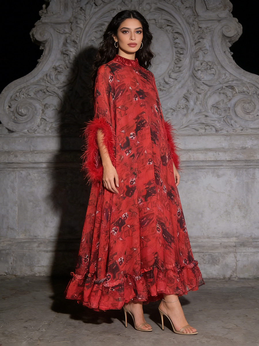 Bohemian Style Retro Style Long Skirt with Ruffles and Ostrich Feather Splicing 2026 New Summer Women's Dress