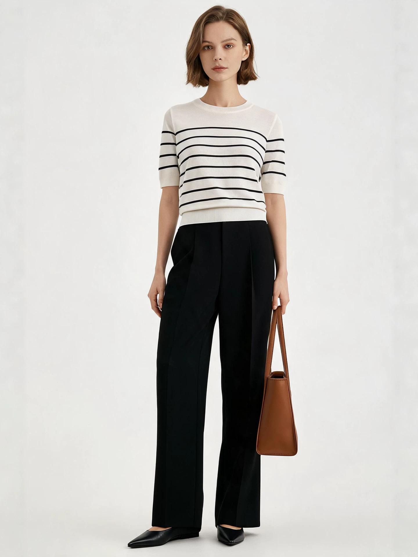 Yaqi Women's Clothing 2026 Summer New Tencel Lyocell Round Neck Short Sleeve Striped Slimming Knit Top