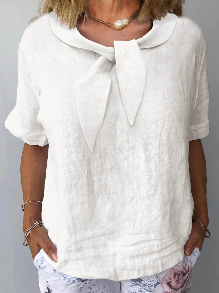 2025 New Cross-Border Export European and American Clothing Amazon Cotton and Linen Summer Short-Sleeved Pure Color Outer Top T-Shirt