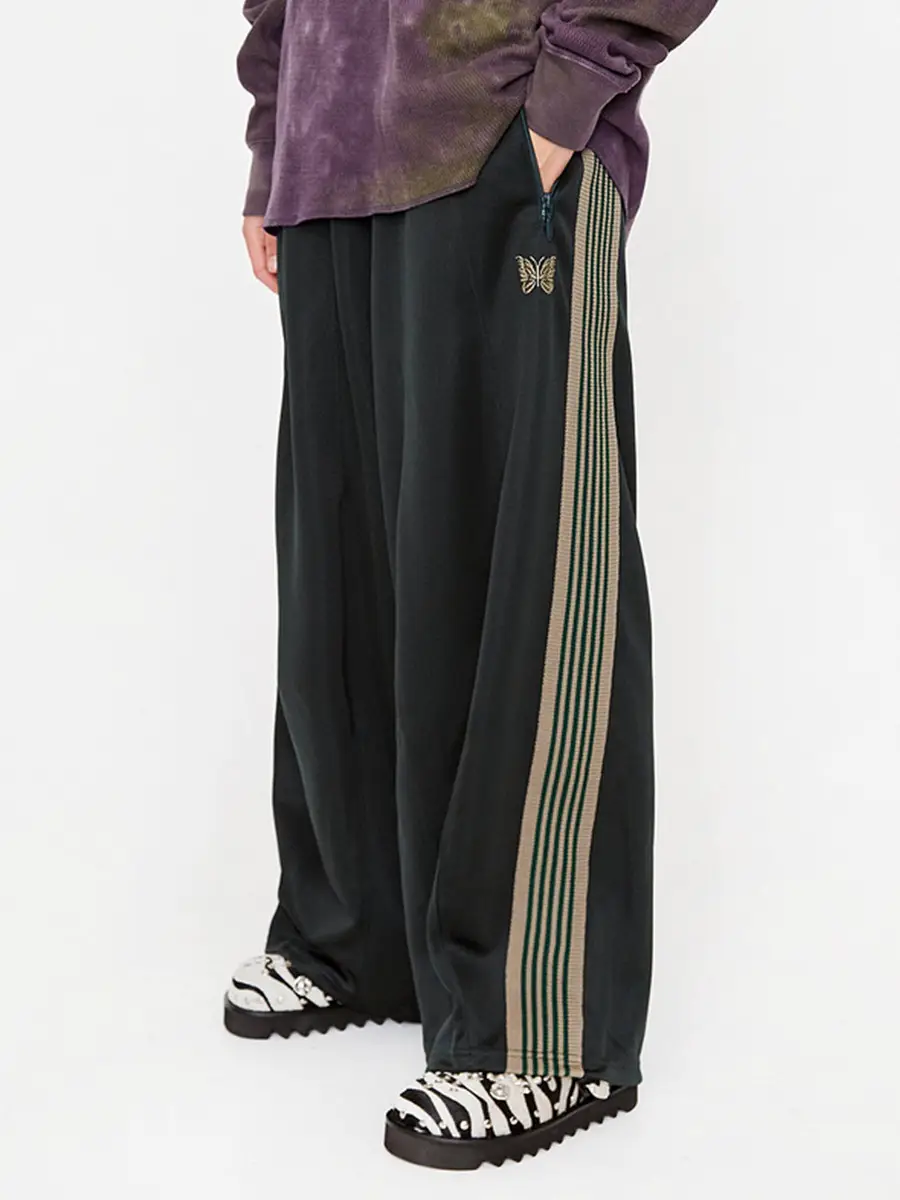 Needles Europe and the United States and the Japanese niche tide butterfly embroidery striped webbing sports wide version of the wide-leg straight pants