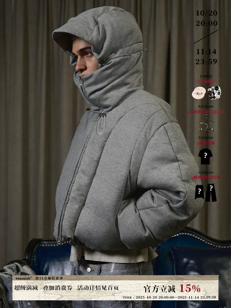 WANNA LAB Grey Air Layer Deconstruction Armor Down Cotton Breadcoat Contour Cleanfit Coat Vibe