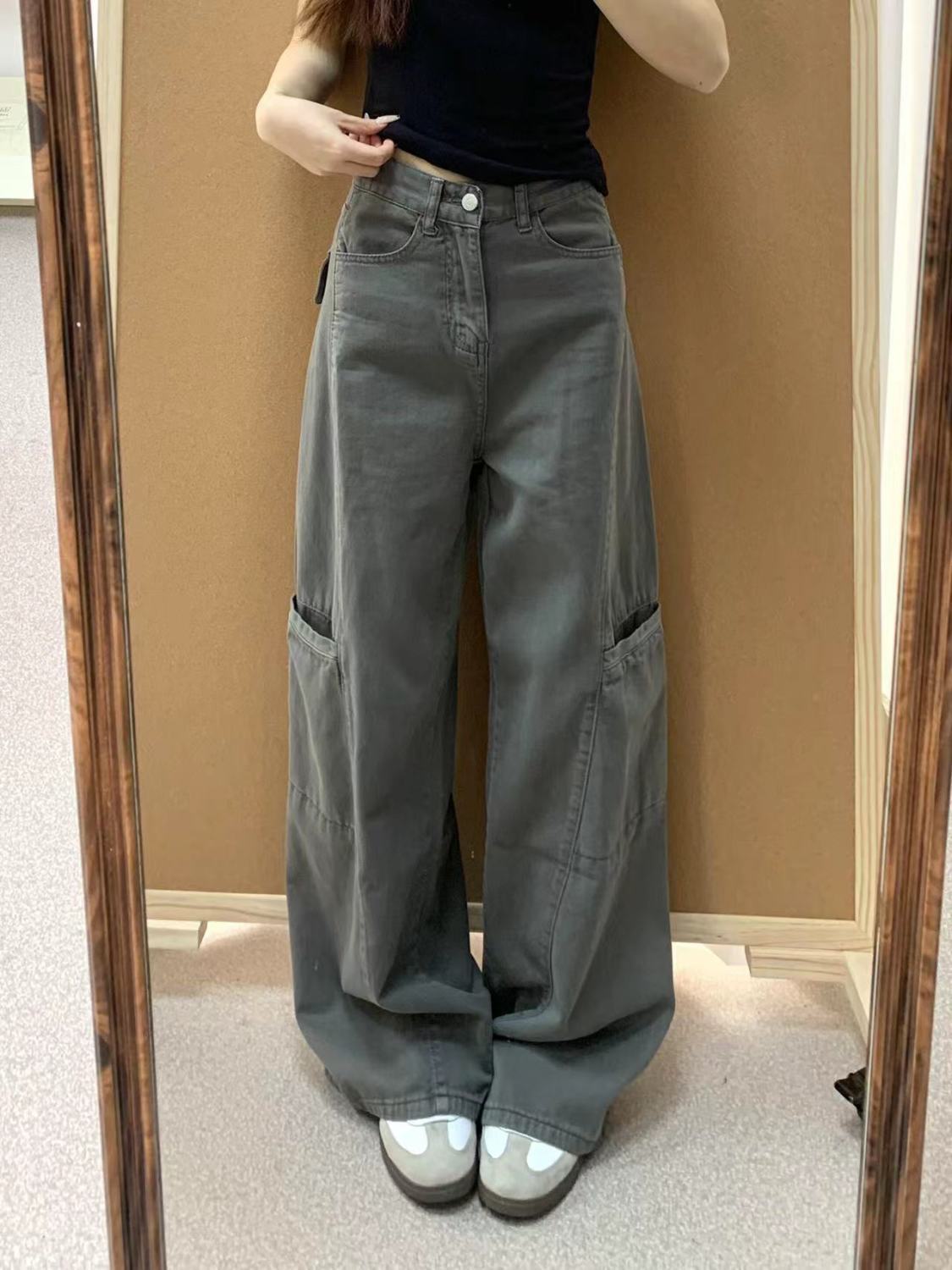 Gray Denim Work Pants for Women 2026 Spring and Autumn New American Retro High-Waisted Loose Straight-Leg Slimming Wide-Leg Pants