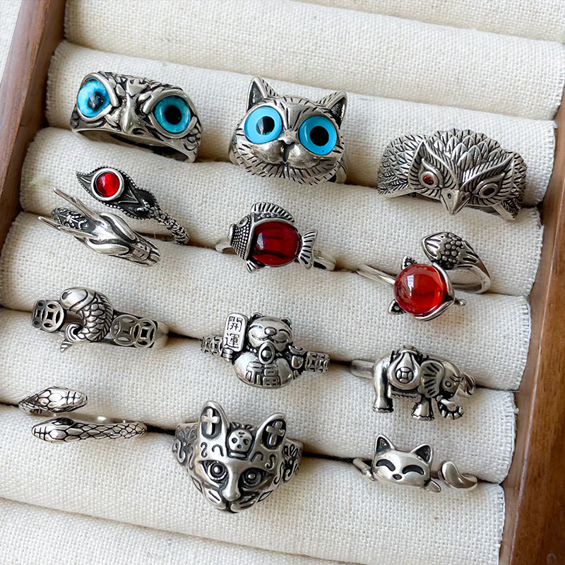Lan Zhi Tai Silver Jewelry Color-free Personality Niche Cat Animal Light Luxury Open Finger Ring 925 Sterling Silver Ring