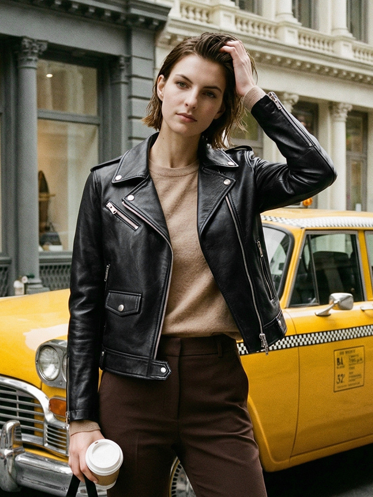 Spring and Autumn New Style Black Genuine Leather Jacket for Women, Short Cowhide Classic Diagonal Zipper Biker Jacket, Slim Fit and Flattering Coat
