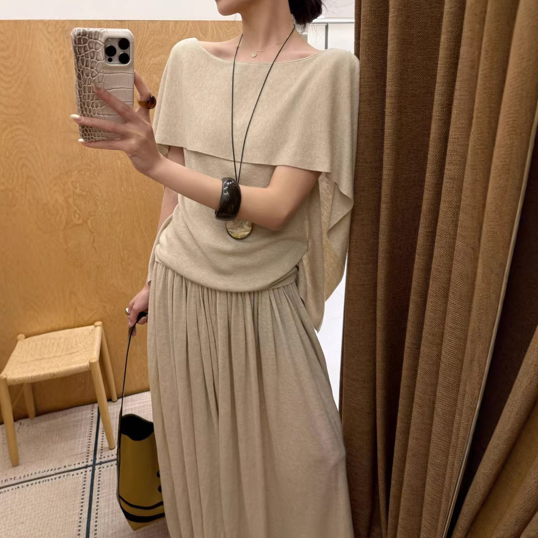 Korean Style Outfit: Orange Off-Shoulder Cape Shawl Knit Top for Women, Summer Faux Two-Piece Fashionable Short-Sleeve Thin Top