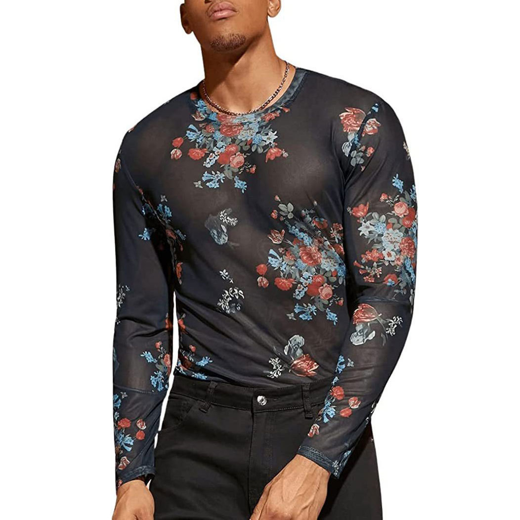 Cross-Border 2026 New Style See-Through Men's Sexy Tight-Fitting Undershirt European and American Men's Floral Print Mesh T-Shirt