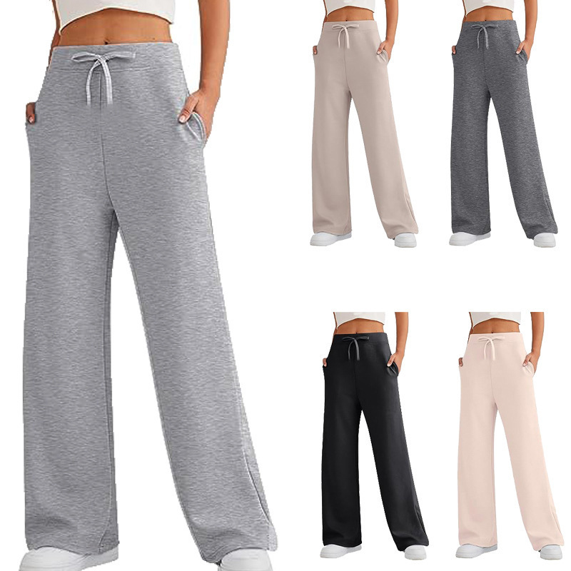 2024 Cross-Border Amazon Women's Autumn and Winter Easiest for Match Loose Drawstring Pocket High Waisted Wide Leg Sports Casual Pants