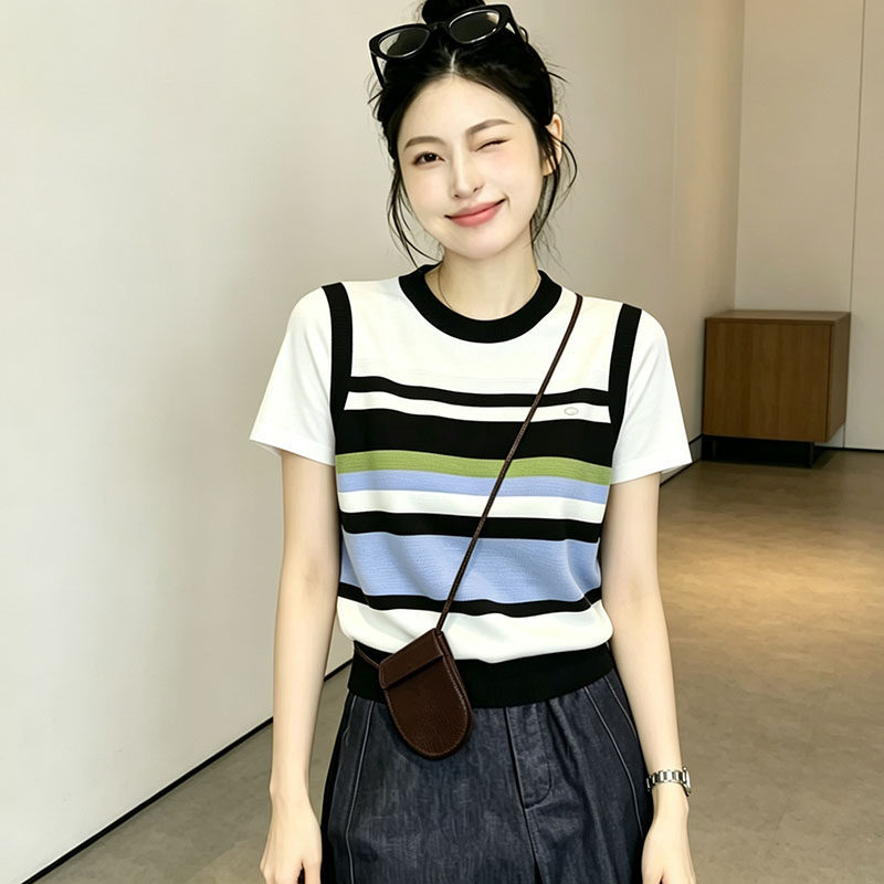 Korean-Style College-Style Vest with Fake Two-Piece Knit T-Shirt Short-Sleeve Women's Summer Top with Unique Striped Design That Makes You Look Slim