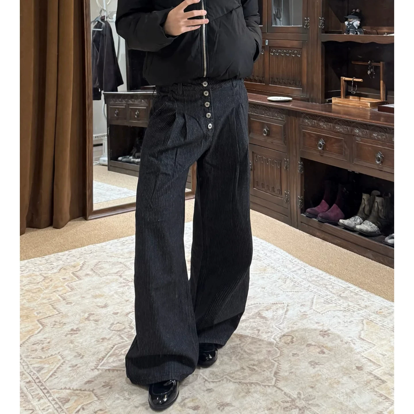 American retro buckle striped design straight leg denim pants for men in autumn and winter, loose and wide leg, high-end casual trousers