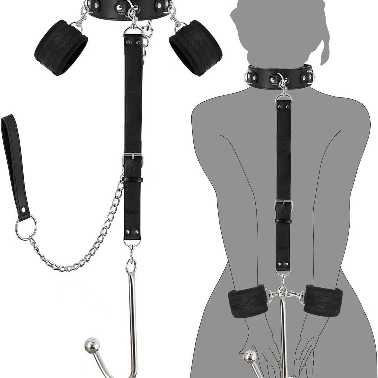 Amazon adult SM leather PU backhand collar handcuffs traction chain back court with hook anal plug sex products