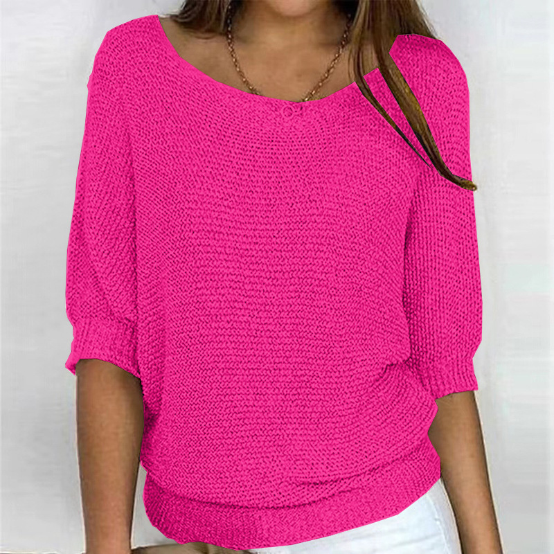 2026 New Russian Aliexpress Wish Solid Color Round Neck Knit Top Women's Three-Quarter Sleeve Shirt Air Conditioning Shirt in Stock