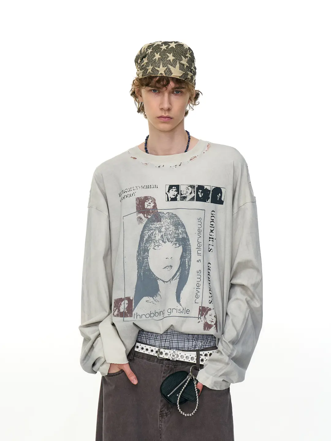Mrnearly American Retro Distressed Character Print Long-Sleeve T-Shirt for Men, Trendy Brand, Loose Casual Top