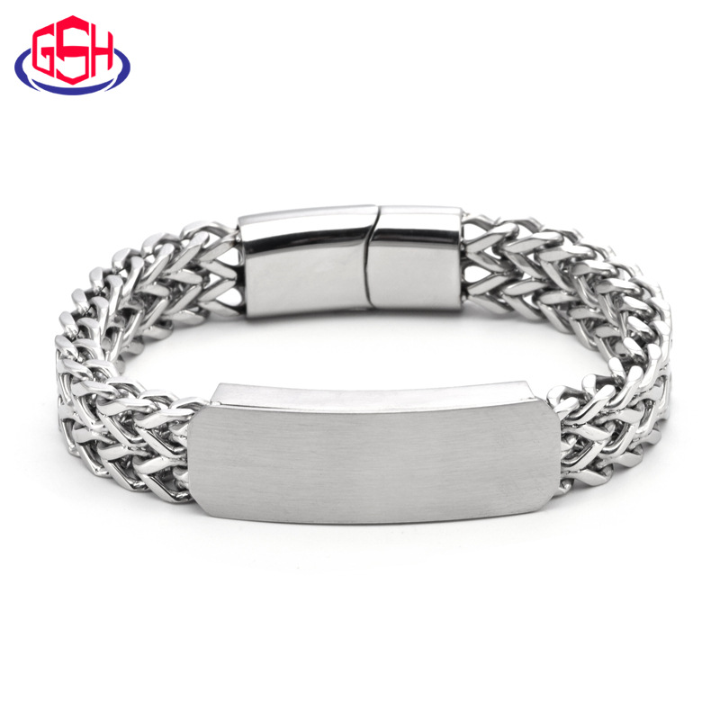 Fashion punk style titanium steel men's square double layer bracelet hip hop stainless steel magnet buckle jewelry laser lettering