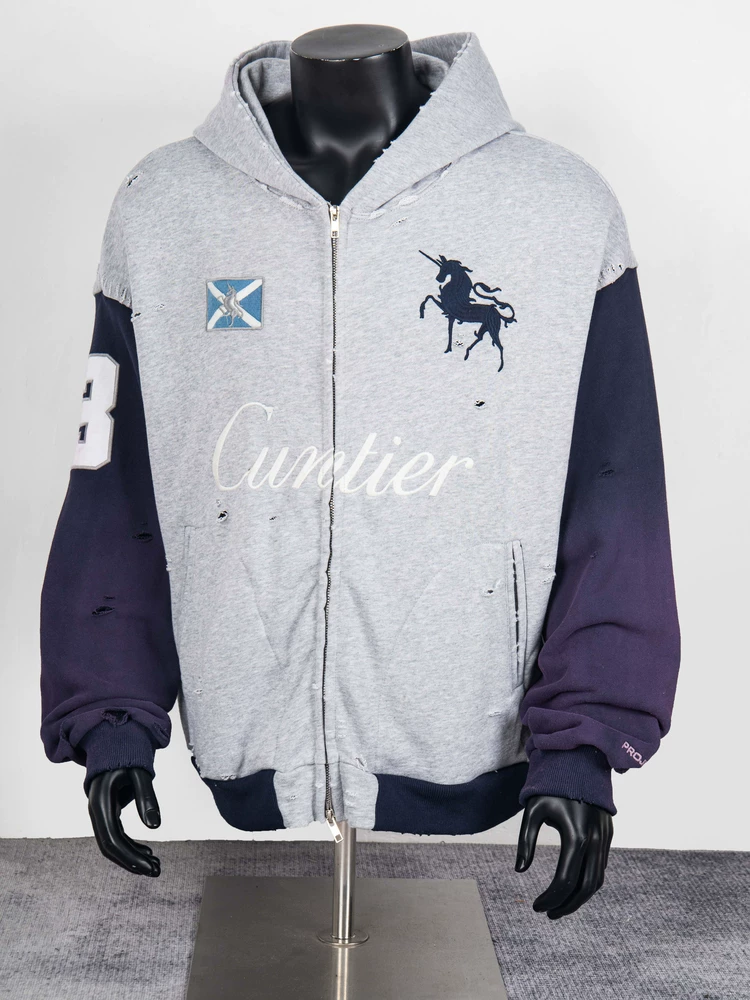 Project Gr Heavy-Duty Washed Embroidered Distressed Spray-Painted Terry Zip-Up Hoodie Cardigan Trendy ins