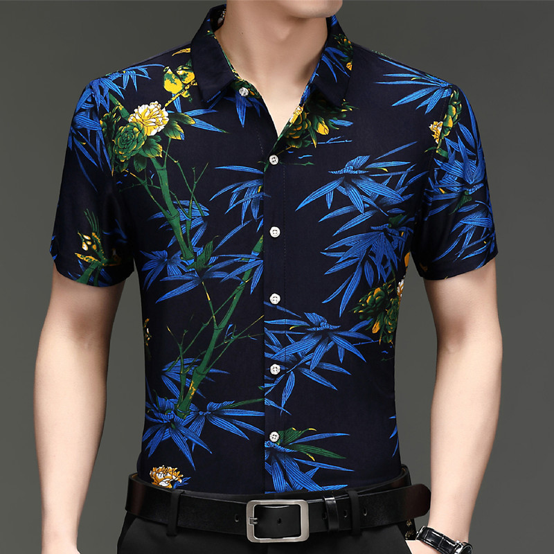 Summer Men's Short-sleeved Shirt Ice Silk Dad Clothes Printed Middle-aged Men's Wear Non-ironing Vintage Casual Flower Shirt Fashion
