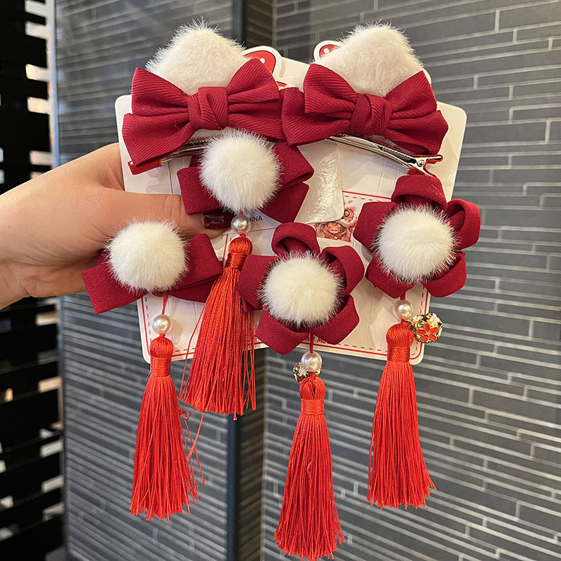 New Year Hair Accessories Wholesale Chinese Style Children's Tassel Hairpin Hanfu Bow Hairpin Baby's Antique Cheongsam Headwear
