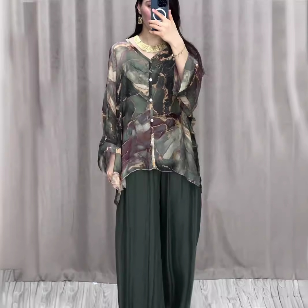 Amazon 2024 European and American Spring Fashion New Hand-Painted Printed Shirt Tops Wide-Leg Pants Two-Piece Set for Women