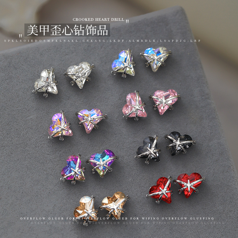 New Manicure Diamond Alloy Jewelry Crystal Crooked Peach Heart Fanxing Love Queen Mother silver Nail Accessories Wholesale