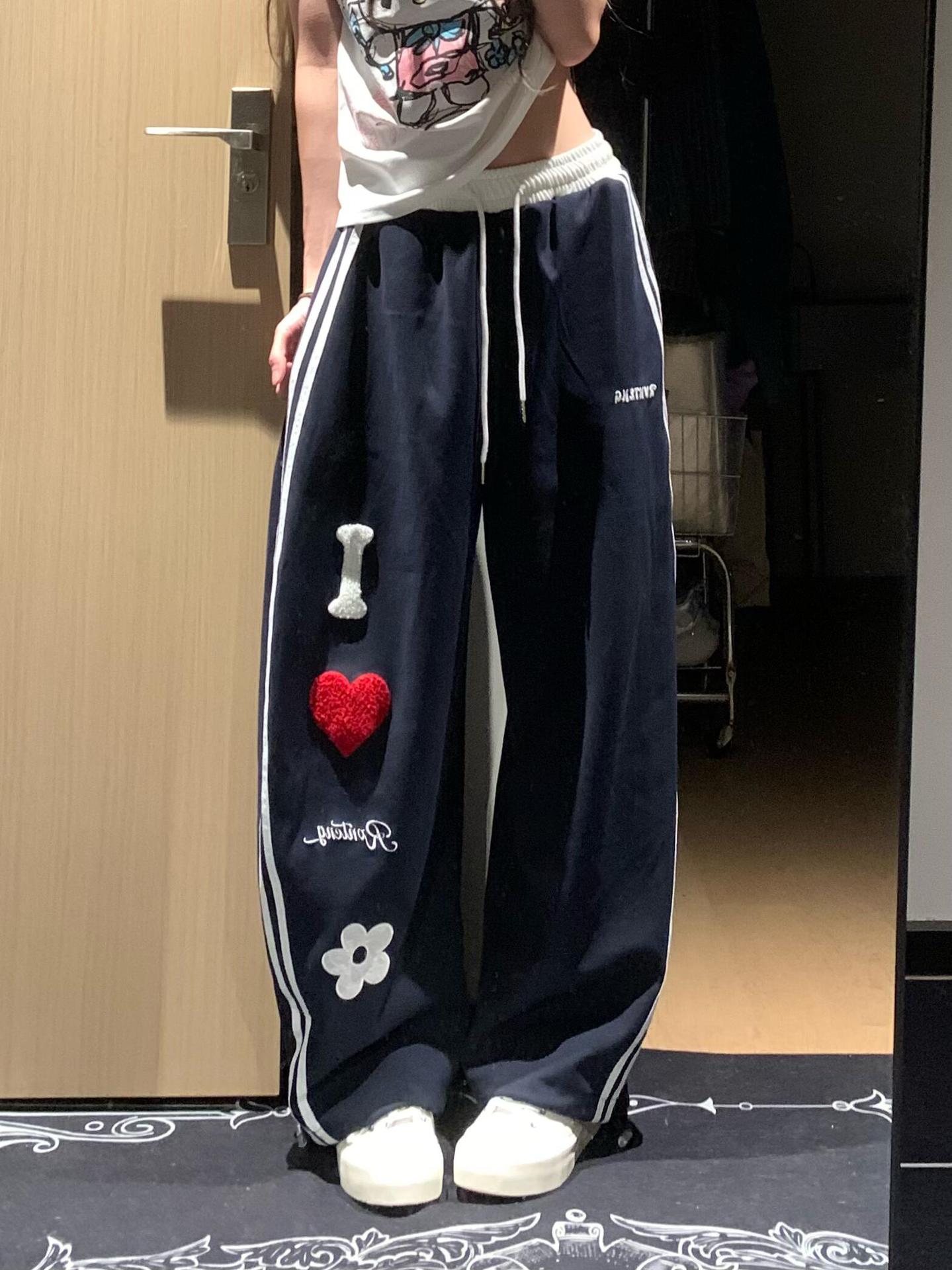 American Retro Casual Sports Pants for Women, New Version with Elastic Waist, Straight Wide-Leg Pants, Loose Slimming Drape Floor-Length Trousers